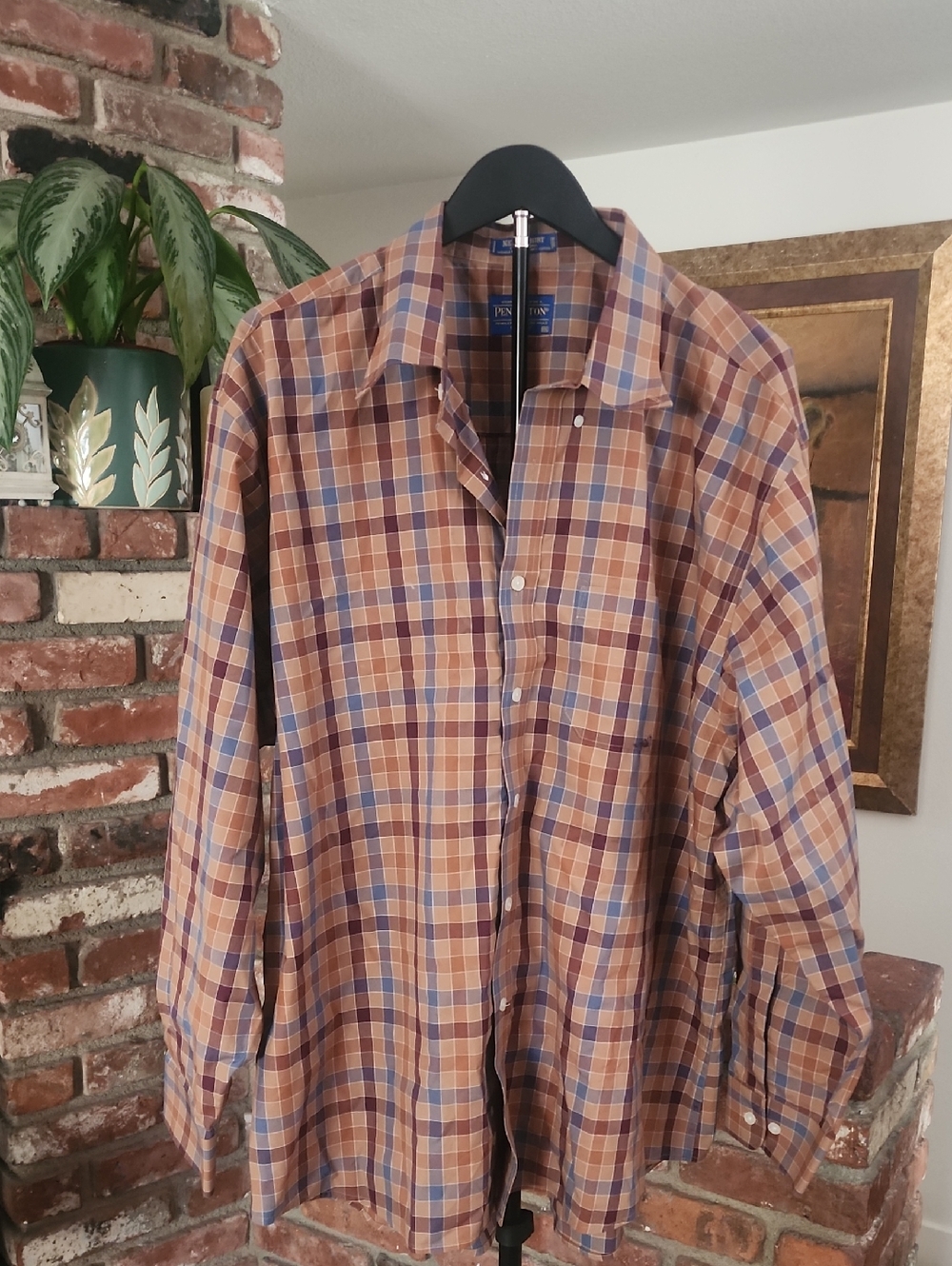 Pendleton Metro Plaid Button-Up Shirt Men’s Tan Rust Blue Long Sleeve Cotton